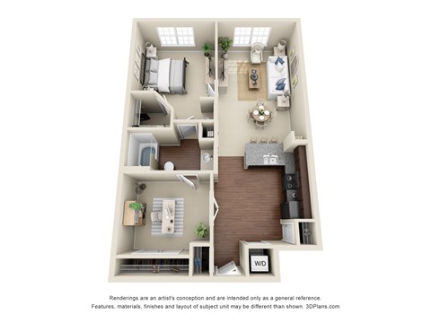 Floor plan for 1 bed, 1 bath, 888 sqft